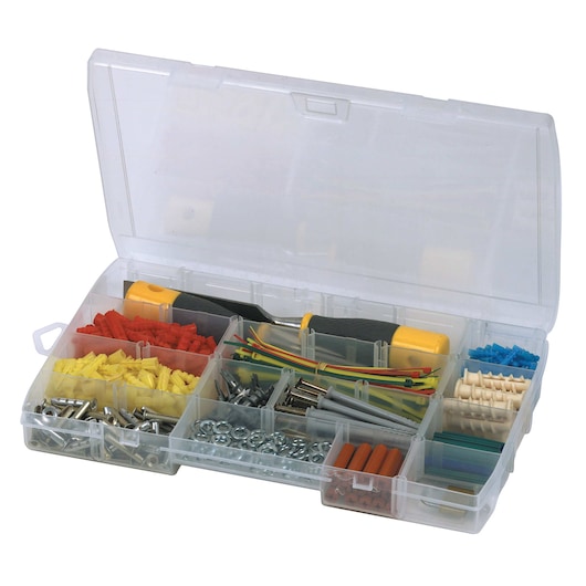Profile of 14 inch organizer with lid open and containing miscellaneous items.