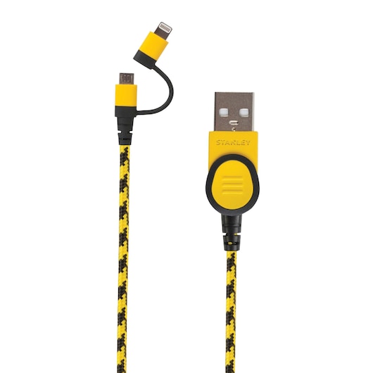 Braided 2-in-1 cable for for lighting and micro usb being used to charge a phone.