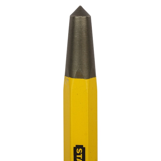 Sharp head of a 5 sixteenth inch by 4-1/2 inch center punch.