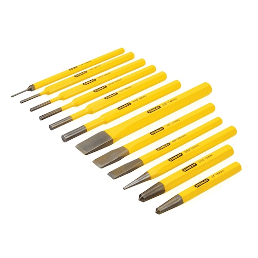 Left profile of 12 piece punch and chisel kit.