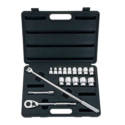 17 piece Socket Set housed in storage carry case.