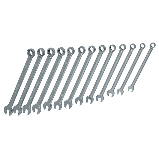 Inverted view of 13 piece Professional Grade Combination Wrench Set Metric.