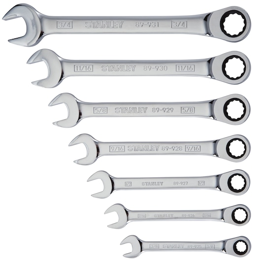 7 Piece Ratcheting combination wrench S A E set.

