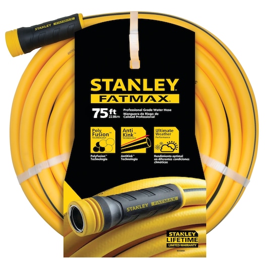 75 foot by 5 eighths inch Fatmax polyfusion hose in packaging.
