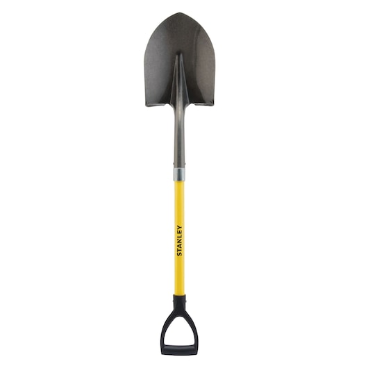 Fiberglass D handle round point shovel.