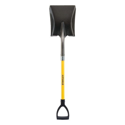 Fiberglass D handle square head shovel.