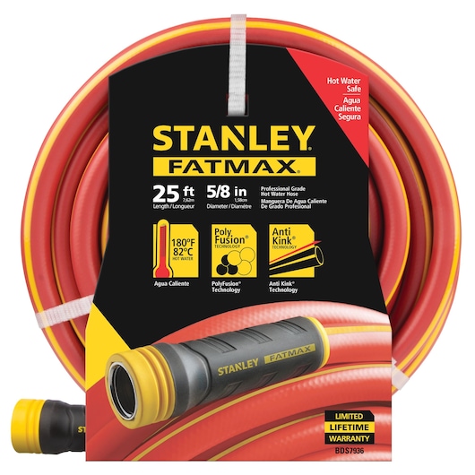 25 foot by 5 eighths inch Fatmax polyfusion hot water hose in packaging.