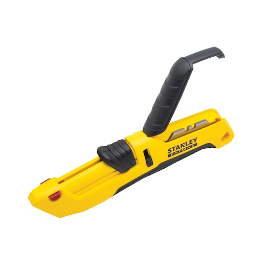 Left profile of fatmax auto retract squeeze safety knife.