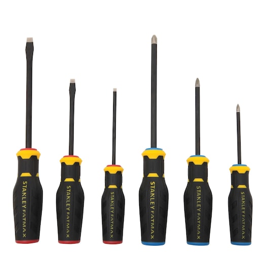 Profile of stanley fatmax simulated diamond tip 6 piece screwdriver set with standard and phillips.