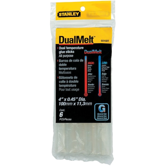 6 pack 7 sixteenths inch by 4 inch dual temperature glue sticks packed in their plastic packaging.