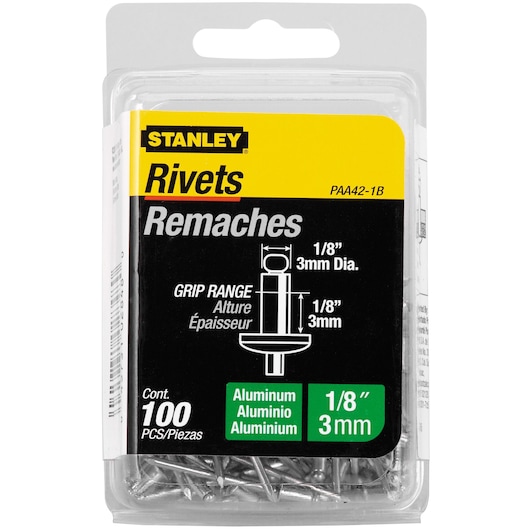 100 pack 1 eighth inch by 1 eighth inch aluminum rivets packed in its plastic packaging.