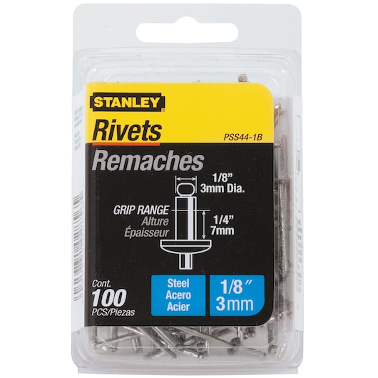 100 pieces of one fourths inch grip range STEEL RIVETS in plastic packaging.