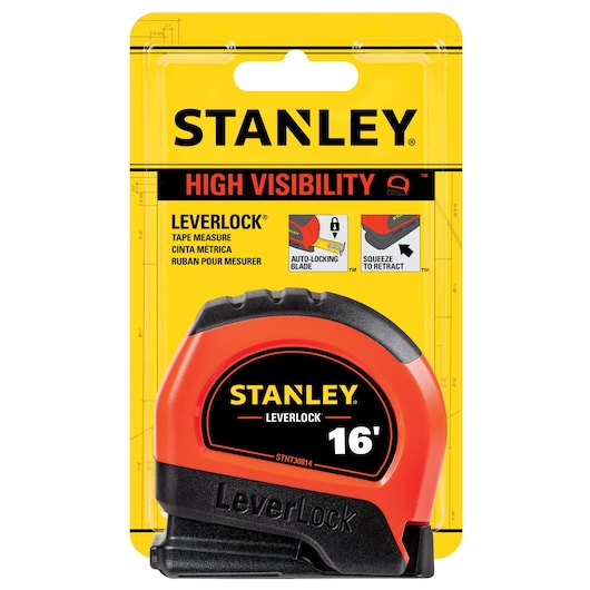 16 Feet HIGH VISIBILITY LEVER LOCK tape measure in cardboard packaging.