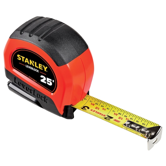 25 FOOT HIGH VISIBILITY LEVER LOCK TAPE MEASURE with part of tape out.