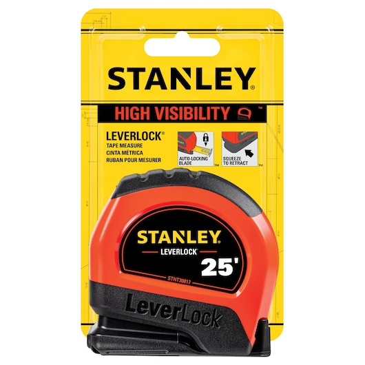 25 FOOT HIGH VISIBILITY LEVER LOCK TAPE MEASURE in plastic packaging.