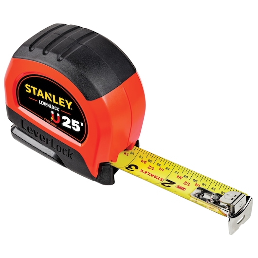 25 FOOT HIGH VISIBILITY MAGNETIC LEVER LOCK TAPE MEASURE with part of tape out.