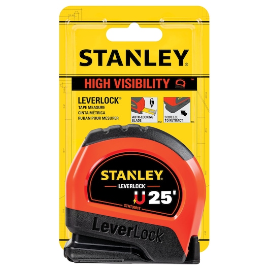 25 FOOT HIGH VISIBILITY MAGNETIC LEVER LOCK TAPE MEASURE in plastic packaging.