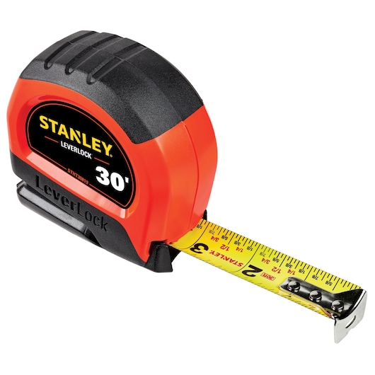 30 FOOT HIGH VISIBILITY LEVER LOCK TAPE MEASURE with part of tape out.
