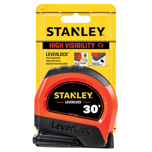 30 FOOT HIGH VISIBILITY LEVER LOCK TAPE MEASURE in plastic packaging.
