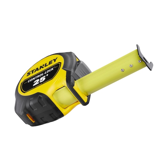 STANLEY® CONTROL-LOCK™ 25 ft. Tape Measure Beauty 1/4 turn blade out showing finger brake